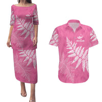 New Zealand Lawn Bowls Breast Cancer Personalized Couples Matching Puletasi and Hawaiian Shirt Wrap-Around Silver Fern - Polynesian Pride