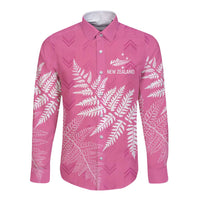 New Zealand Lawn Bowls Breast Cancer Personalized Long Sleeve Button Shirt Wrap-Around Silver Fern LT7 Unisex Pink - Polynesian Pride