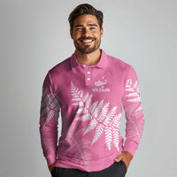 New Zealand Lawn Bowls Breast Cancer Personalized Long Sleeve Polo Shirt Wrap-Around Silver Fern - Polynesian Pride