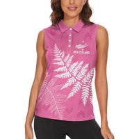 New Zealand Lawn Bowls Breast Cancer Personalized Women Sleeveless Polo Shirt Wrap-Around Silver Fern - Polynesian Pride