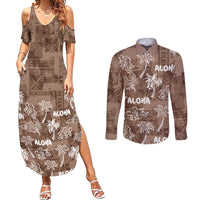 Aloha Vintage Quilt Couples Matching Summer Maxi Dress and Long Sleeve Button Shirt Hawaiian Seamless - Brown LT7 Brown - Polynesian Pride