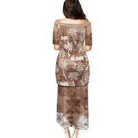 Aloha Vintage Quilt Family Matching Puletasi Dress and Hawaiian Shirt Hawaiian Seamless - Brown LT7 - Polynesian Pride