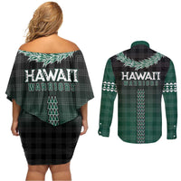 Rainbow Warriors Hawaii Palaka Couples Matching Off Shoulder Short Dress and Long Sleeve Button Shirt Maile Lei - Polynesian Pride