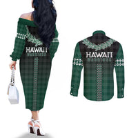 Rainbow Warriors Hawaii Palaka Couples Matching Off The Shoulder Long Sleeve Dress and Long Sleeve Button Shirt Maile Lei - Polynesian Pride