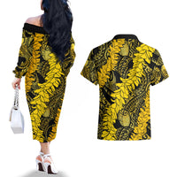 Hawaii Oahu Ilima Lei Couples Matching Off The Shoulder Long Sleeve Dress and Hawaiian Shirt LT7 - Polynesian Pride