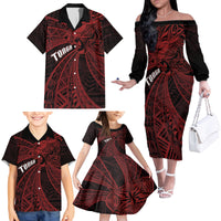 Tonga Independence Day Family Matching Off The Shoulder Long Sleeve Dress and Hawaiian Shirt Tongatapu Lion Ngatu Motifs Black Ver.