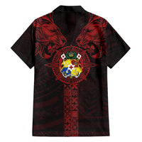 Tonga Independence Day Family Matching Short Sleeve Bodycon Dress and Hawaiian Shirt Tongatapu Lion Ngatu Motifs Black Ver.