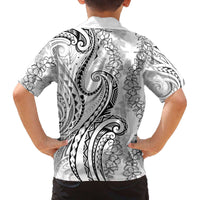 Polynesia Plumeria Lei Family Matching Off The Shoulder Long Sleeve Dress and Hawaiian Shirt White Curves Motif