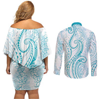 Polynesia Plumeria Lei Couples Matching Off Shoulder Short Dress and Long Sleeve Button Shirt White Turquoise Curves Motif LT7 - Polynesian Pride