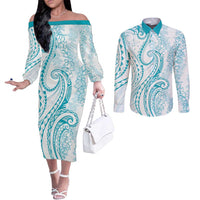 Polynesia Plumeria Lei Couples Matching Off The Shoulder Long Sleeve Dress and Long Sleeve Button Shirt White Turquoise Curves Motif