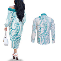 Polynesia Plumeria Lei Couples Matching Off The Shoulder Long Sleeve Dress and Long Sleeve Button Shirt White Turquoise Curves Motif