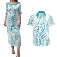 Polynesia Plumeria Lei Couples Matching Puletasi and Hawaiian Shirt White Turquoise Curves Motif