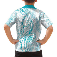 Polynesia Plumeria Lei Family Matching Summer Maxi Dress and Hawaiian Shirt White Turquoise Curves Motif LT7 - Polynesian Pride