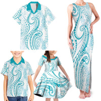 Polynesia Plumeria Lei Family Matching Tank Maxi Dress and Hawaiian Shirt White Turquoise Curves Motif