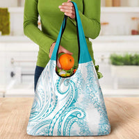 Polynesia Plumeria Lei Grocery Bag White Turquoise Curves Motif