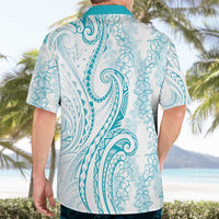 Polynesia Plumeria Lei Hawaiian Shirt White Turquoise Curves Motif