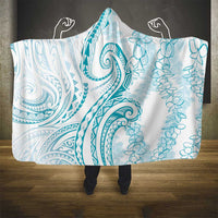 Polynesia Plumeria Lei Hooded Blanket White Turquoise Curves Motif