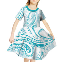 Polynesia Plumeria Lei Kid Short Sleeve Dress White Turquoise Curves Motif