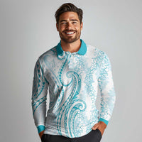 Polynesia Plumeria Lei Long Sleeve Polo Shirt White Turquoise Curves Motif