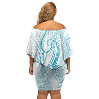 Polynesia Plumeria Lei Off Shoulder Short Dress White Turquoise Curves Motif