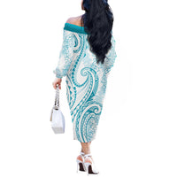 Polynesia Plumeria Lei Off The Shoulder Long Sleeve Dress White Turquoise Curves Motif