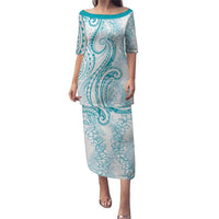 Polynesia Plumeria Lei Puletasi White Turquoise Curves Motif