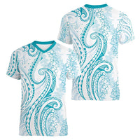 Polynesia Plumeria Lei Women V-Neck T-Shirt White Turquoise Curves Motif