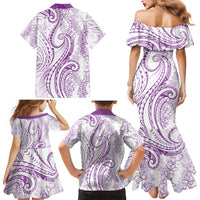 Polynesia Plumeria Lei Family Matching Mermaid Dress and Hawaiian Shirt White Violet Curves Motif