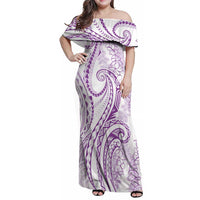 Polynesia Plumeria Lei Family Matching Off Shoulder Maxi Dress and Hawaiian Shirt White Violet Curves Motif