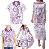 Polynesia Plumeria Lei Family Matching Puletasi and Hawaiian Shirt White Violet Curves Motif