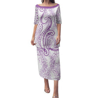 Polynesia Plumeria Lei Family Matching Puletasi and Hawaiian Shirt White Violet Curves Motif