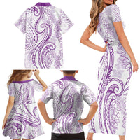 Polynesia Plumeria Lei Family Matching Short Sleeve Bodycon Dress and Hawaiian Shirt White Violet Curves Motif