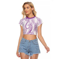 Polynesia Plumeria Lei Raglan Cropped T Shirt White Violet Curves Motif