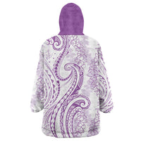 Polynesia Plumeria Lei Wearable Blanket Hoodie White Violet Curves Motif
