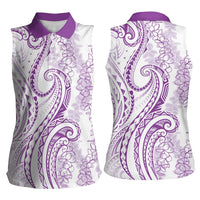 Polynesia Plumeria Lei Women Sleeveless Polo Shirt White Violet Curves Motif