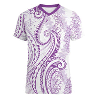 Polynesia Plumeria Lei Women V-Neck T-Shirt White Violet Curves Motif