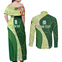 Fiji Ballantine Memorial High School Personalised Couples Matching Off Shoulder Maxi Dress and Long Sleeve Button Shirt Masi Tapa Mix Plumeria