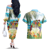It's 5 o'clock Somewhere Couples Matching Off The Shoulder Long Sleeve Dress and Hawaiian Shirt Beach Party - Polynesian Pride
