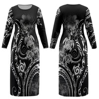 Aloha Hawaii Turtles Floral Couples Matching Long Sleeve Bodycon Dress and Hawaiian Shirt Obsidian Glaze LT7 - Polynesian Pride