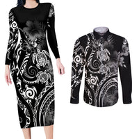 Aloha Hawaii Turtles Floral Couples Matching Long Sleeve Bodycon Dress and Long Sleeve Button Shirt Obsidian Glaze