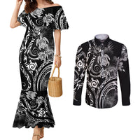 Aloha Hawaii Turtles Floral Couples Matching Mermaid Dress and Long Sleeve Button Shirt Obsidian Glaze