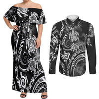 Aloha Hawaii Turtles Floral Couples Matching Off Shoulder Maxi Dress and Long Sleeve Button Shirt Obsidian Glaze LT7 Black - Polynesian Pride