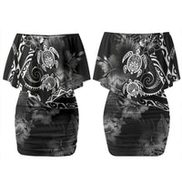 Aloha Hawaii Turtles Floral Couples Matching Off Shoulder Short Dress and Hawaiian Shirt Obsidian Glaze LT7 - Polynesian Pride