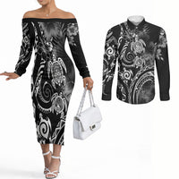 Aloha Hawaii Turtles Floral Couples Matching Off The Shoulder Long Sleeve Dress and Long Sleeve Button Shirt Obsidian Glaze LT7 Black - Polynesian Pride