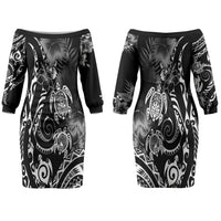 Aloha Hawaii Turtles Floral Couples Matching Off The Shoulder Long Sleeve Dress and Long Sleeve Button Shirt Obsidian Glaze LT7 - Polynesian Pride
