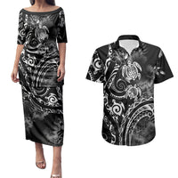 Aloha Hawaii Turtles Floral Couples Matching Puletasi and Hawaiian Shirt Obsidian Glaze LT7 Black - Polynesian Pride