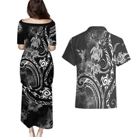 Aloha Hawaii Turtles Floral Couples Matching Puletasi and Hawaiian Shirt Obsidian Glaze LT7 - Polynesian Pride