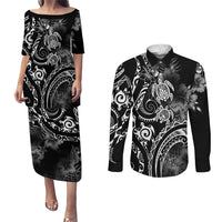 Aloha Hawaii Turtles Floral Couples Matching Puletasi and Long Sleeve Button Shirt Obsidian Glaze