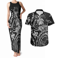 Aloha Hawaii Turtles Floral Couples Matching Tank Maxi Dress and Hawaiian Shirt Obsidian Glaze LT7 Black - Polynesian Pride