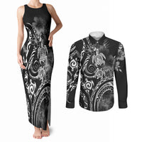 Aloha Hawaii Turtles Floral Couples Matching Tank Maxi Dress and Long Sleeve Button Shirt Obsidian Glaze LT7 Black - Polynesian Pride